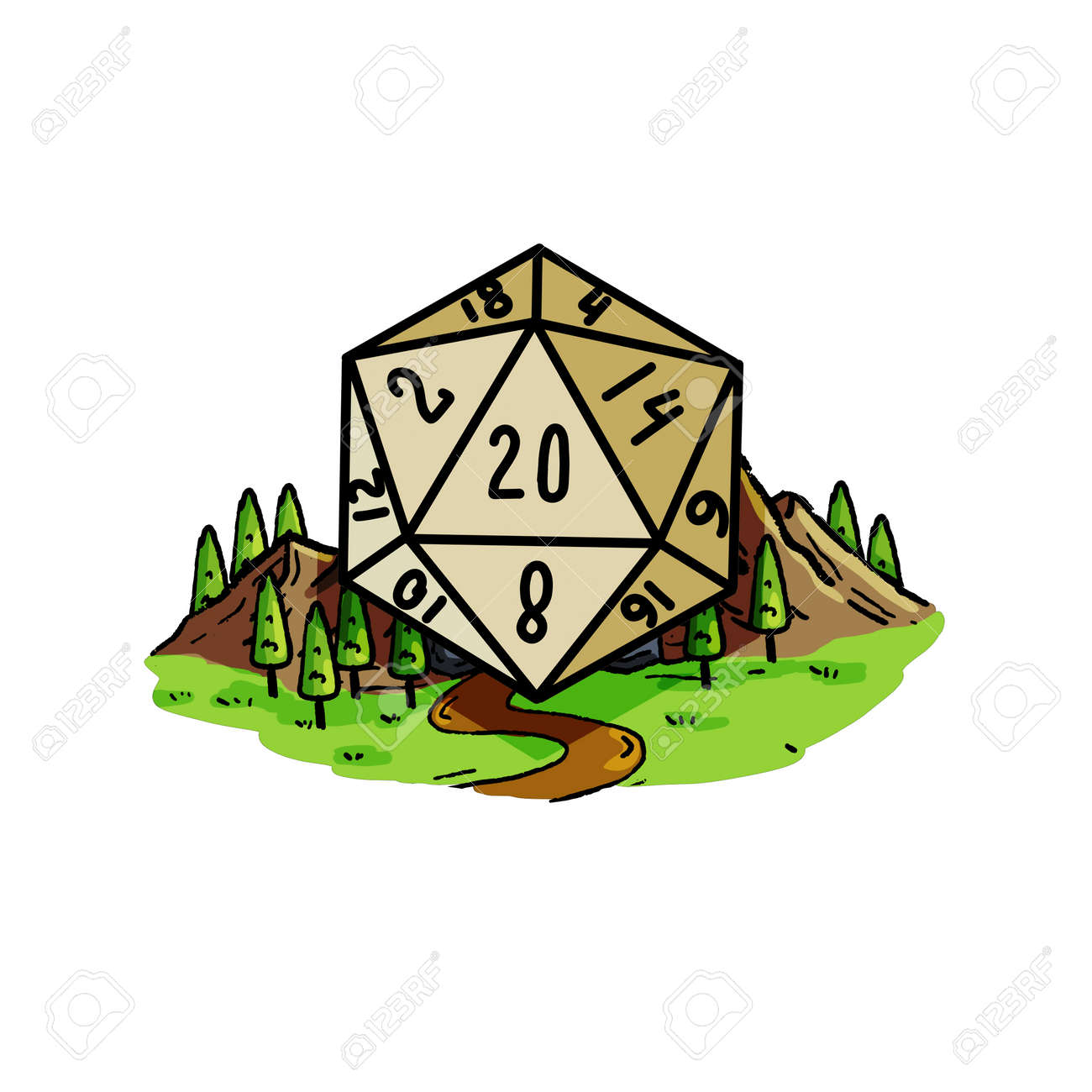 던전앤드래곤 보드게임. 주사위 D20 및 만화 동굴 입구. 판타지 모험. 산 풍경입니다. 로열티 무료 사진, 그림, 이미지 그리고  스톡포토그래피. Image 184554970