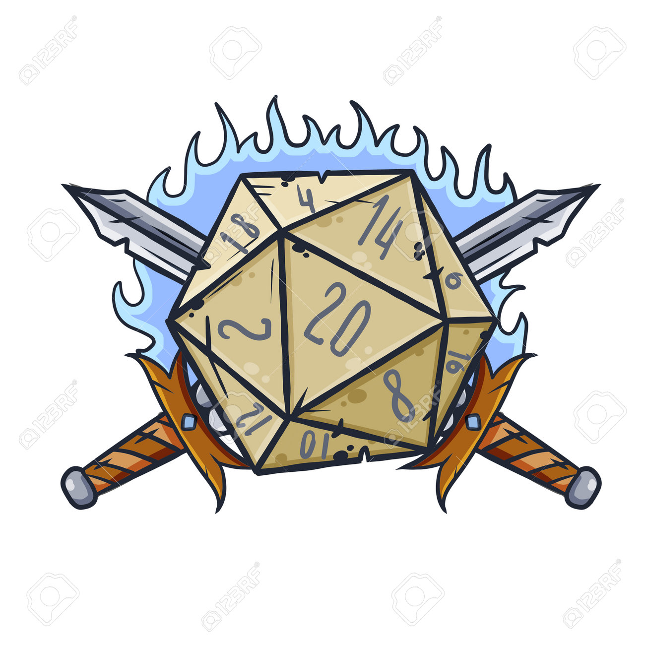 Dnd를 플레이하기 위해 D20을 주사위로 굴립니다. 던전앤드래곤 보드게임. 중세 성기사의 검을 건넜다. 모험 만화 아이콘입니다. 만화  개요 그림 로열티 무료 사진, 그림, 이미지 그리고 스톡포토그래피. Image 193506913