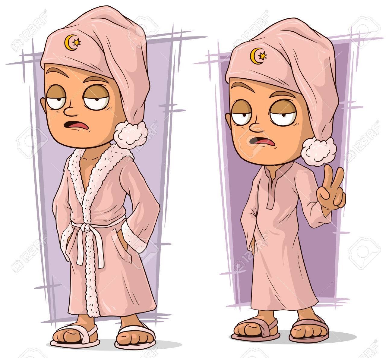 Dibujos Animados Niño Soñoliento En Albornoz Rosa Y Sandalias Conjunto De Vectores De Caracteres Ilustraciones Svg, Vectoriales, Clip Art De Derechos. Image 80715594.