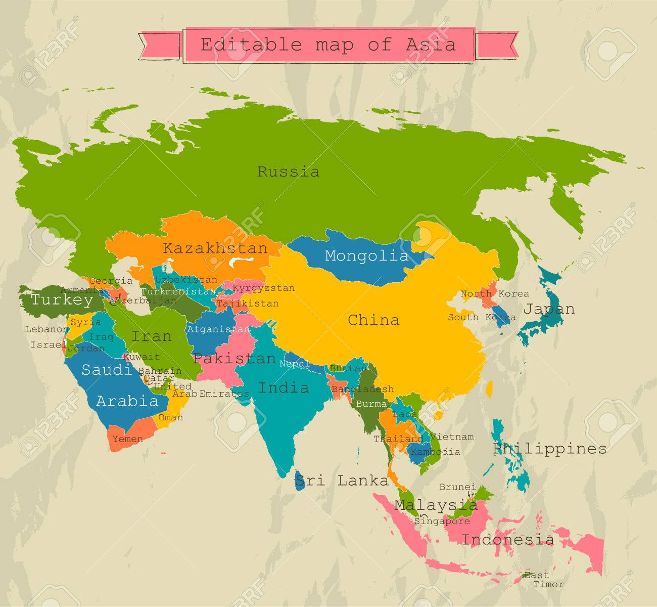 editable asia map with all countries vector illustration eps8