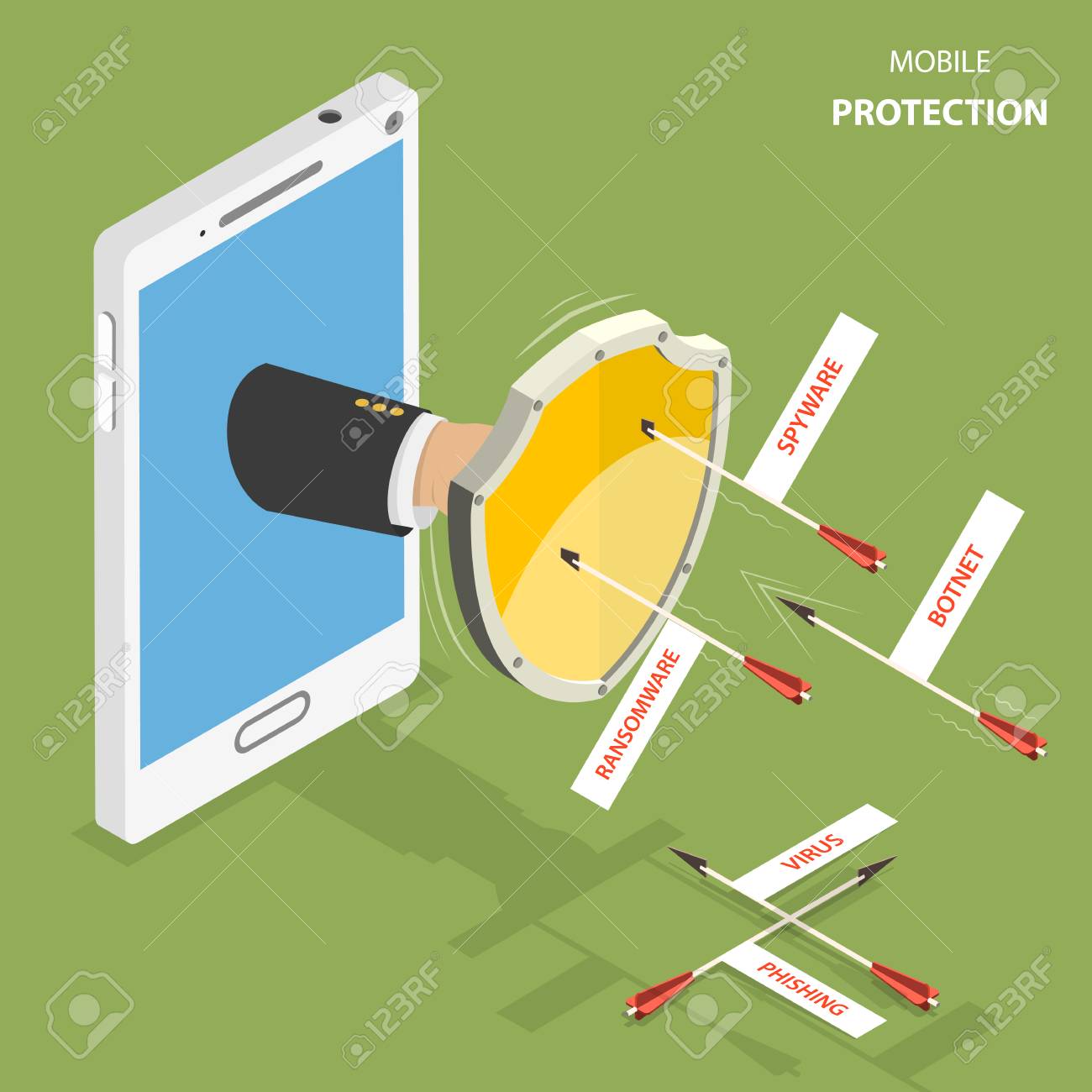 mobile protection flat isometric vector concept man hand with
