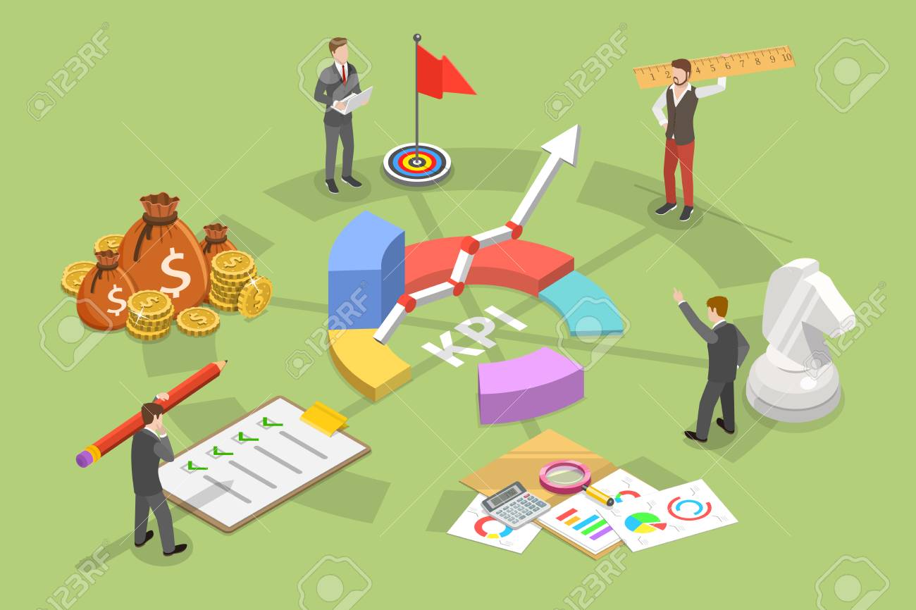 Key performance indicator flat isometric vector concept. Renders major KPI points as following objective, measurement, optimization, strategy, performance, evaluation. - 110273104 Key performance indicator flat isometric vector concept. Renders major KPI points as following objective, measurement, optimization, strategy, performance, evaluation. - 110273104