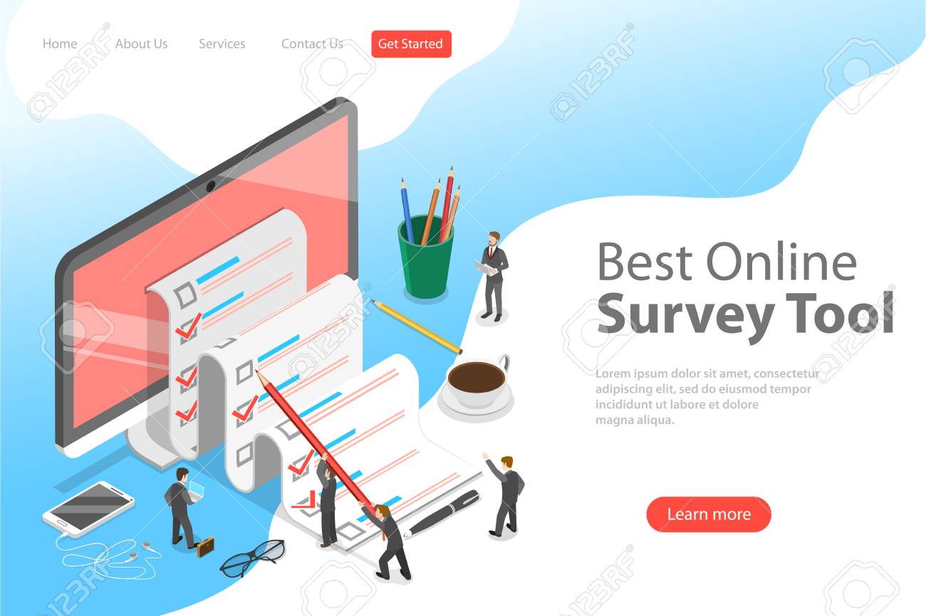 Flat isometric vector landing page template of online survey tool, customer review, feedback service, customer satisfaction. - 126303388 Flat isometric vector landing page template of online survey tool, customer review, feedback service, customer satisfaction. - 126303388