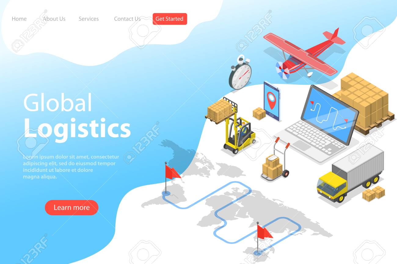 Flat isometric vector landing page template of global logistics, worldwide freight shipping, fast delivery. - 125383600 Flat isometric vector landing page template of global logistics, worldwide freight shipping, fast delivery. - 125383600