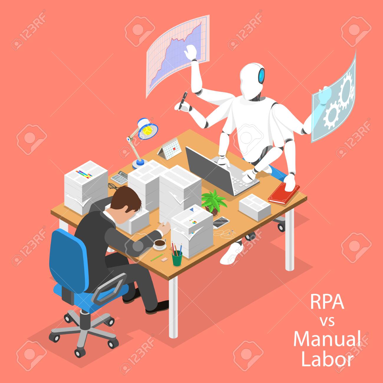 Isometric flat vector concept of RPA vs manual labor. - 122133806 Isometric flat vector concept of RPA vs manual labor. - 122133806