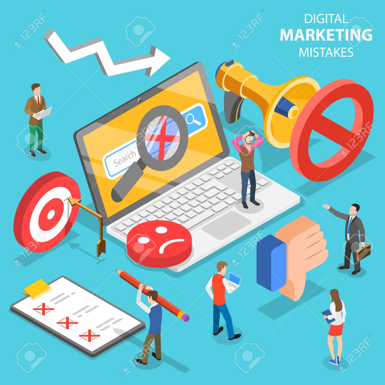 Isometric flat vector concept of digital marketing mistakes, wrong strategy. - 127670848 Isometric flat vector concept of digital marketing mistakes, wrong strategy. - 127670848