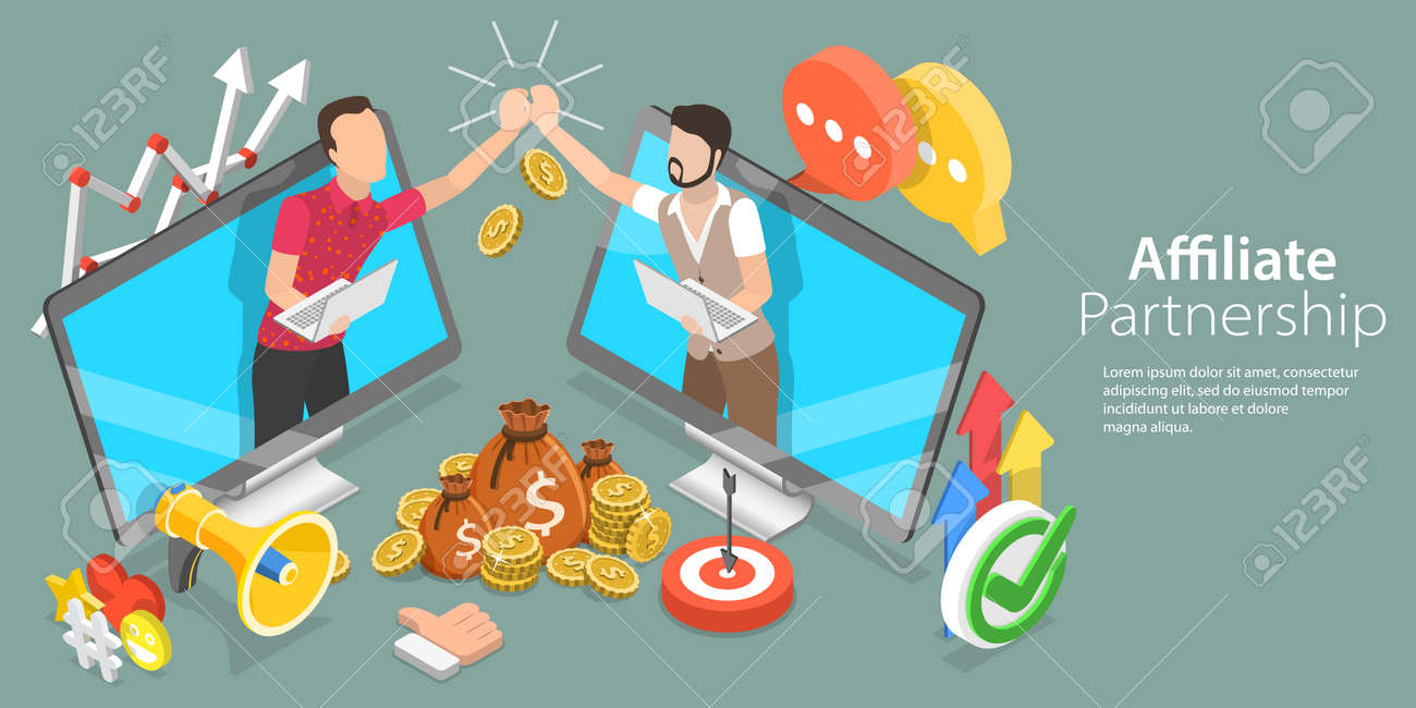제휴 마케팅의 3d 등각 투영 평면 벡터 개념적 그림 로열티 무료 사진, 그림, 이미지 그리고 스톡포토그래피. Image  168415300