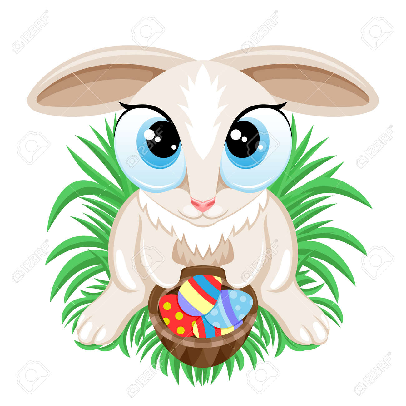 Easter bunny with Easter eggs in a basket sitting on the grass on a white background. - 168969132 Easter bunny with Easter eggs in a basket sitting on the grass on a white background. - 168969132