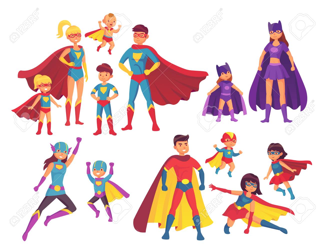 Superhero family characters. Superheroes character in costumes with hero cape silhouette for comics. Wonder mom, super dad and children boy girl kid heroes in mask and cloak isolated vector icon set - 105856741 Superhero family characters. Superheroes character in costumes with hero cape silhouette for comics. Wonder mom, super dad and children boy girl kid heroes in mask and cloak isolated vector icon set - 105856741