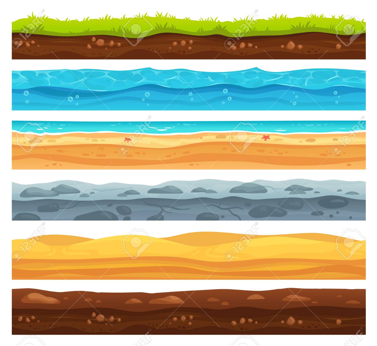 Seamless ground surface. Green grass land landscape, sandy desert and beach with sea water. Grounds layers texture for game level development, geology vector cartoon isolated set - 109675134 Seamless ground surface. Green grass land landscape, sandy desert and beach with sea water. Grounds layers texture for game level development, geology vector cartoon isolated set - 109675134