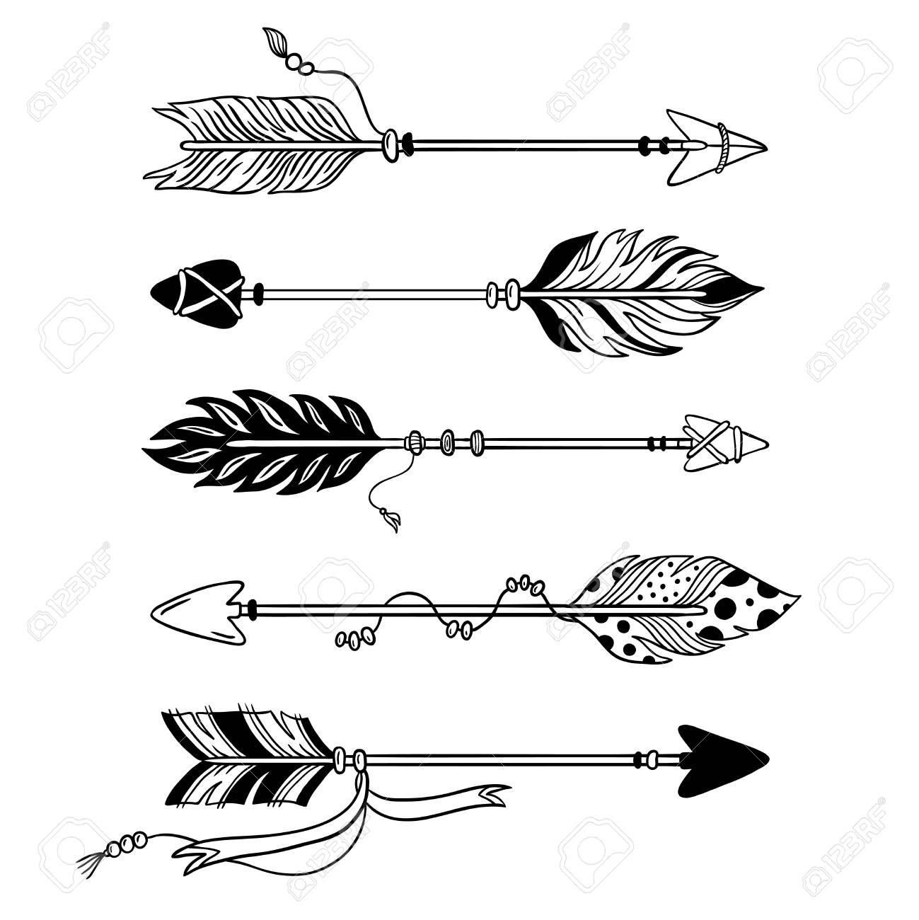 Ethnic Arrows. Hand Drawn Feather Arrow, Tribal Feathers On Pointer And  Decorative Boho Bow, Feather Indian Arrowhead. Native Aztec Or Hipster  Tattoo Sketch Isolated Vector Symbols Set Фотография, картинки, изображения  и сток-фотография