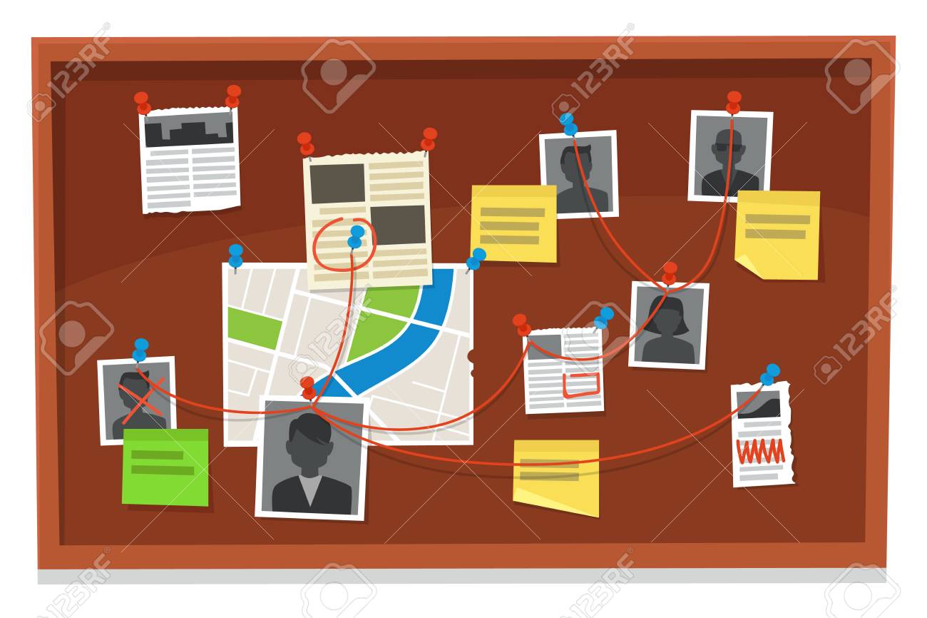 Detective board. Crime evidence connections chart, pinned newspaper and police photos. Investigation evidences, police investigators law evidence board, detectives research scheme vector illustration - 118918898 Detective board. Crime evidence connections chart, pinned newspaper and police photos. Investigation evidences, police investigators law evidence board, detectives research scheme vector illustration - 118918898