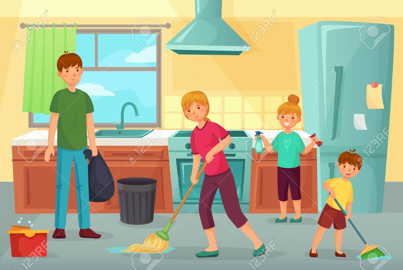 Family Cleaning Kitchen. Father, Mother And Kids Clean Cuisine Together  Household Dusting And Wiping Floor. Kitchen Domestic Cleaning, Tidy Family  Regular Housekeeping Cartoon Vector Illustration Royalty Free SVG, Cliparts,  Vectors, And Stock