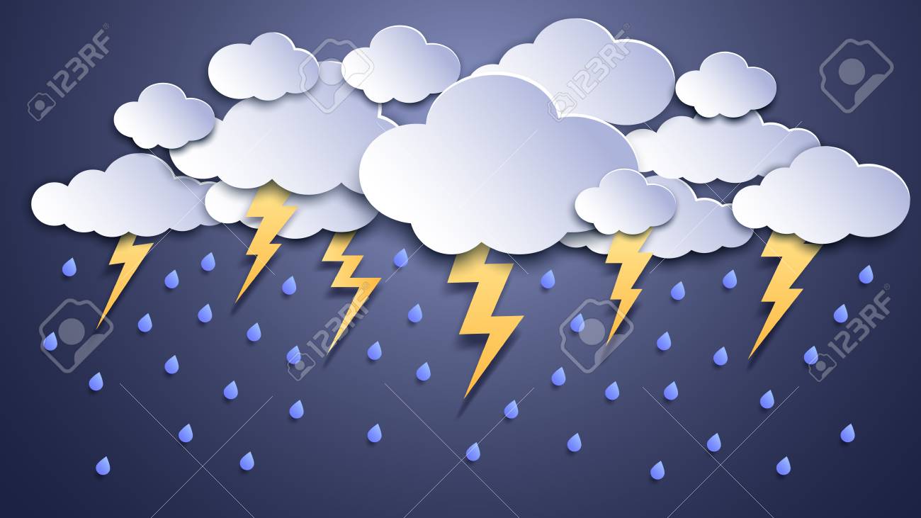 Summer Thunderstorms. Storm Clouds, Thunderstorm Lightning And Rainy  Weather. Thunder And Lightnings Craft Paper, Dangerous Thunderbolt Flash  Meteorology Vector Illustration Royalty Free SVG, Cliparts, Vectors, and  Stock Illustration. Image 120732517., image size:1300x731
