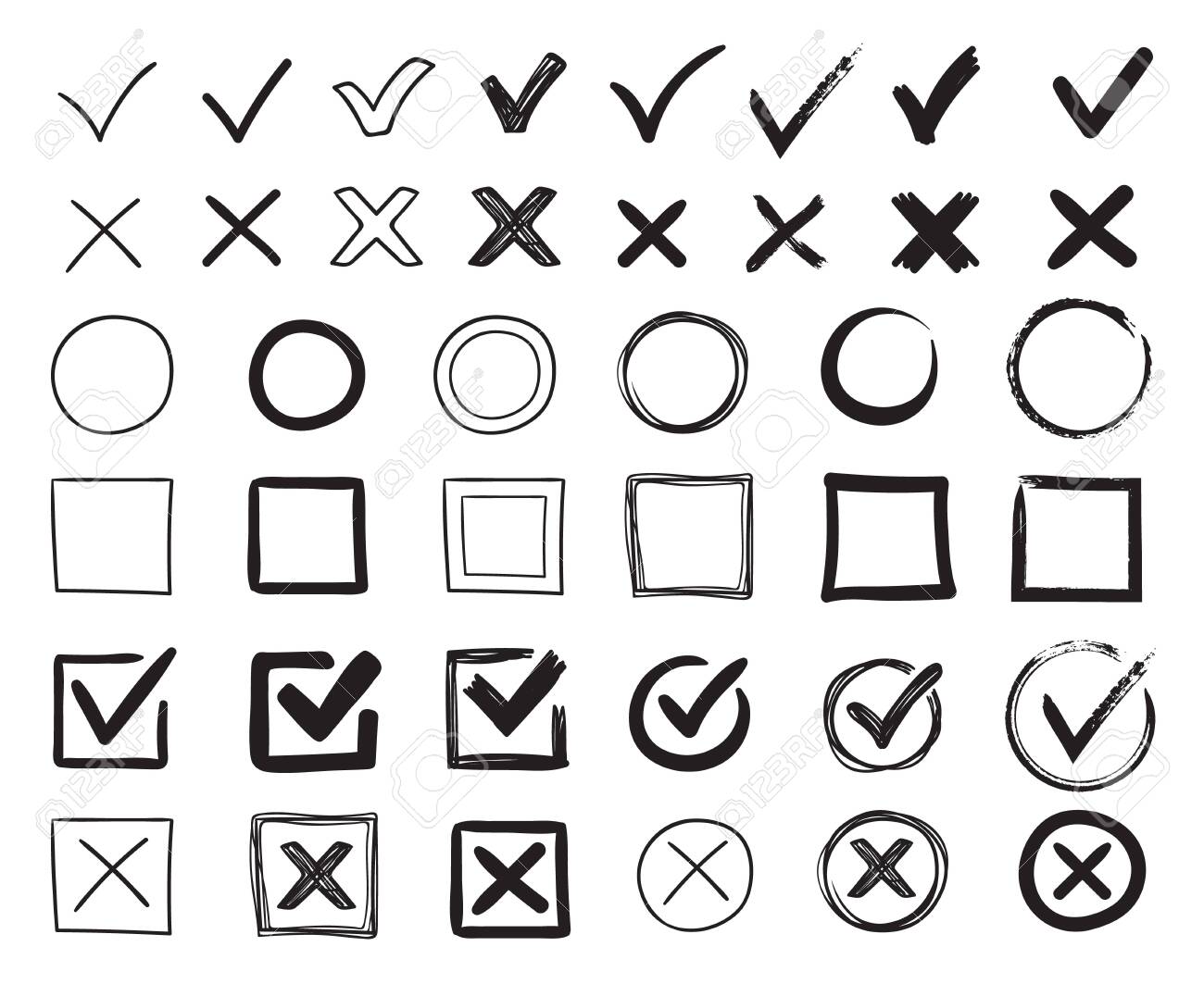 Doodle check mark e cross mark icon set check list símbolo