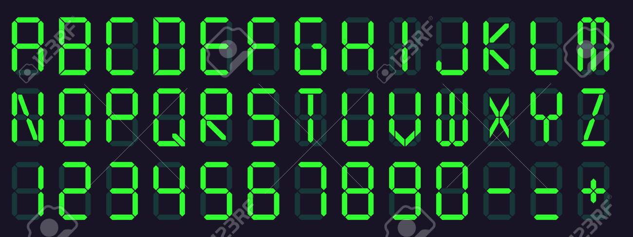 Digital display font. Alarm clock letters and numbers, electronic