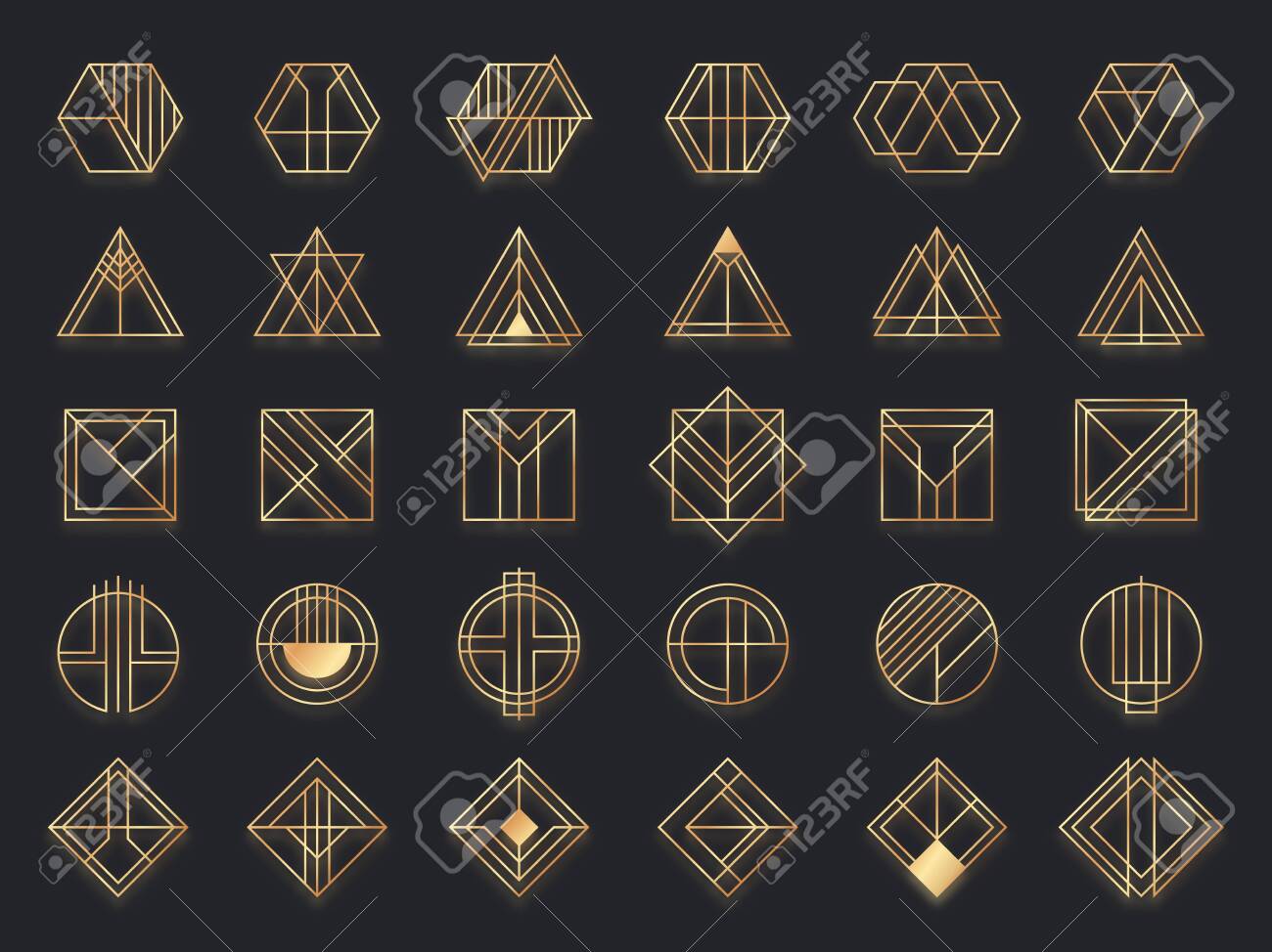 Art Deco Geometric Shapes. Golden Geometrical Art Shape, Gold Circle Symbol  And Abstract Triangle. Creative Lines Square And Elegant Geometrics Rhombus  Vector. Geometric Decoration Frame Illustration Клипарты, SVG, векторы, и  Набор Иллюстраций
