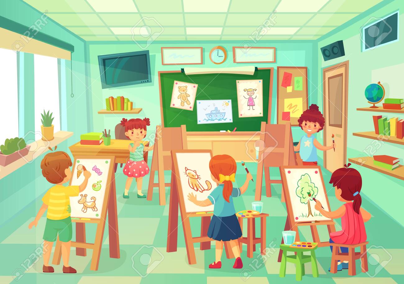 Kids Drawing In Art Class. Vector Art Education Class, Illustration Of  Drawing, Children School Doing Lesson Painting By Pencil And Brush Royalty  Free SVG, Cliparts, Vectors, and Stock Illustration. Image 150796441.