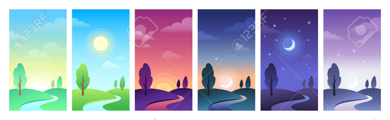 Paisagem do campo em diferentes partes do dia. céu e círculo diurno de campo como nascer do sol, manhã ou meio-dia, pôr do sol e noite. colinas com árvore, lua com estrelas e ilustração vetorial do pôr do sol - 160398898 Paisagem do campo em diferentes partes do dia. céu e círculo diurno de campo como nascer do sol, manhã ou meio-dia, pôr do sol e noite. colinas com árvore, lua com estrelas e ilustração vetorial do pôr do sol - 160398898