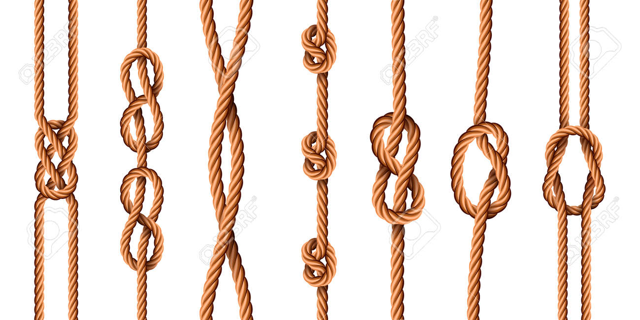 Nautical knots. Realistic ropes with sailor or scout knot types. Tied marine jute cords with loops. Bended cartoon hemp threads vector set - 171829637 Nautical knots. Realistic ropes with sailor or scout knot types. Tied marine jute cords with loops. Bended cartoon hemp threads vector set - 171829637