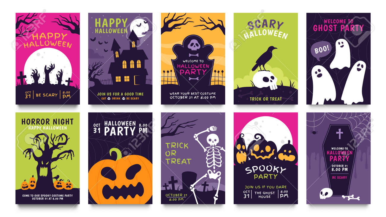 Posters for halloween party. Horror movie night flyer, ticket and trick or treat invitation with skeleton, zombie, scary pumpkin vector set - 171829638 Posters for halloween party. Horror movie night flyer, ticket and trick or treat invitation with skeleton, zombie, scary pumpkin vector set - 171829638