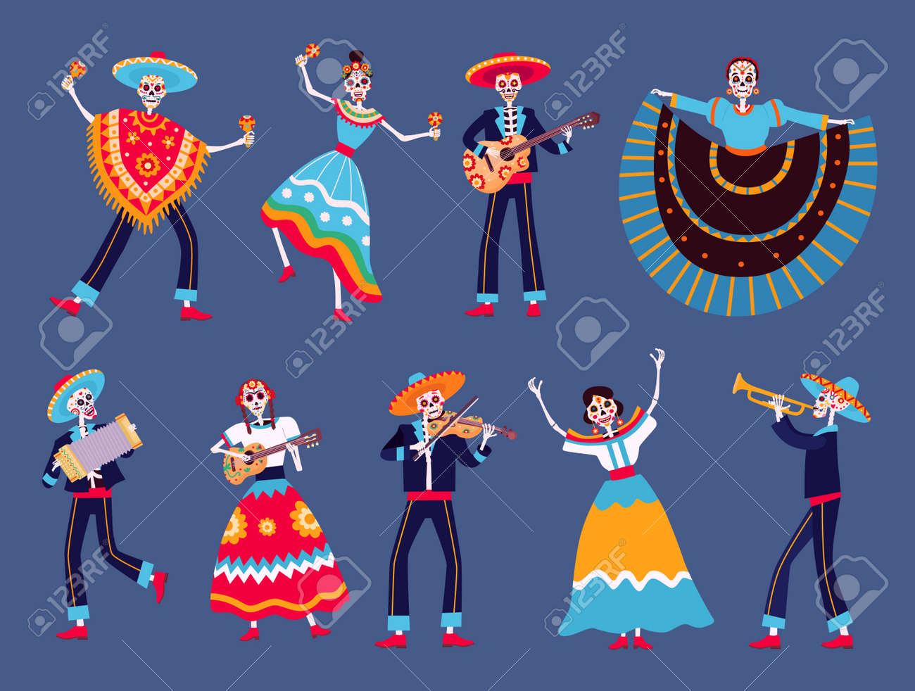Day of dead skeletons. Mexican dia de los muertos skeleton dancers characters. Catrina, mariachi musicians skeletons with guitar vector set - 171829644 Day of dead skeletons. Mexican dia de los muertos skeleton dancers characters. Catrina, mariachi musicians skeletons with guitar vector set - 171829644