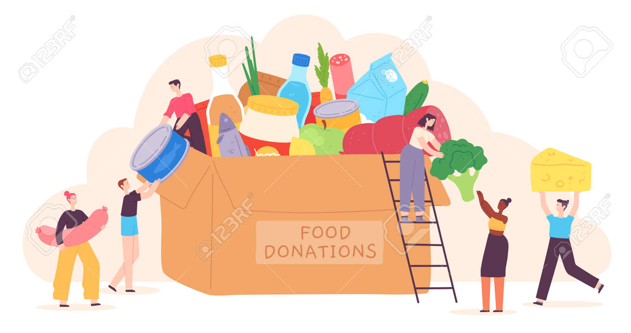 People donate food. Tiny characters put grocery product in charity box. Volunteer community help for poor. Holiday food drive vector concept - 171876806 People donate food. Tiny characters put grocery product in charity box. Volunteer community help for poor. Holiday food drive vector concept - 171876806