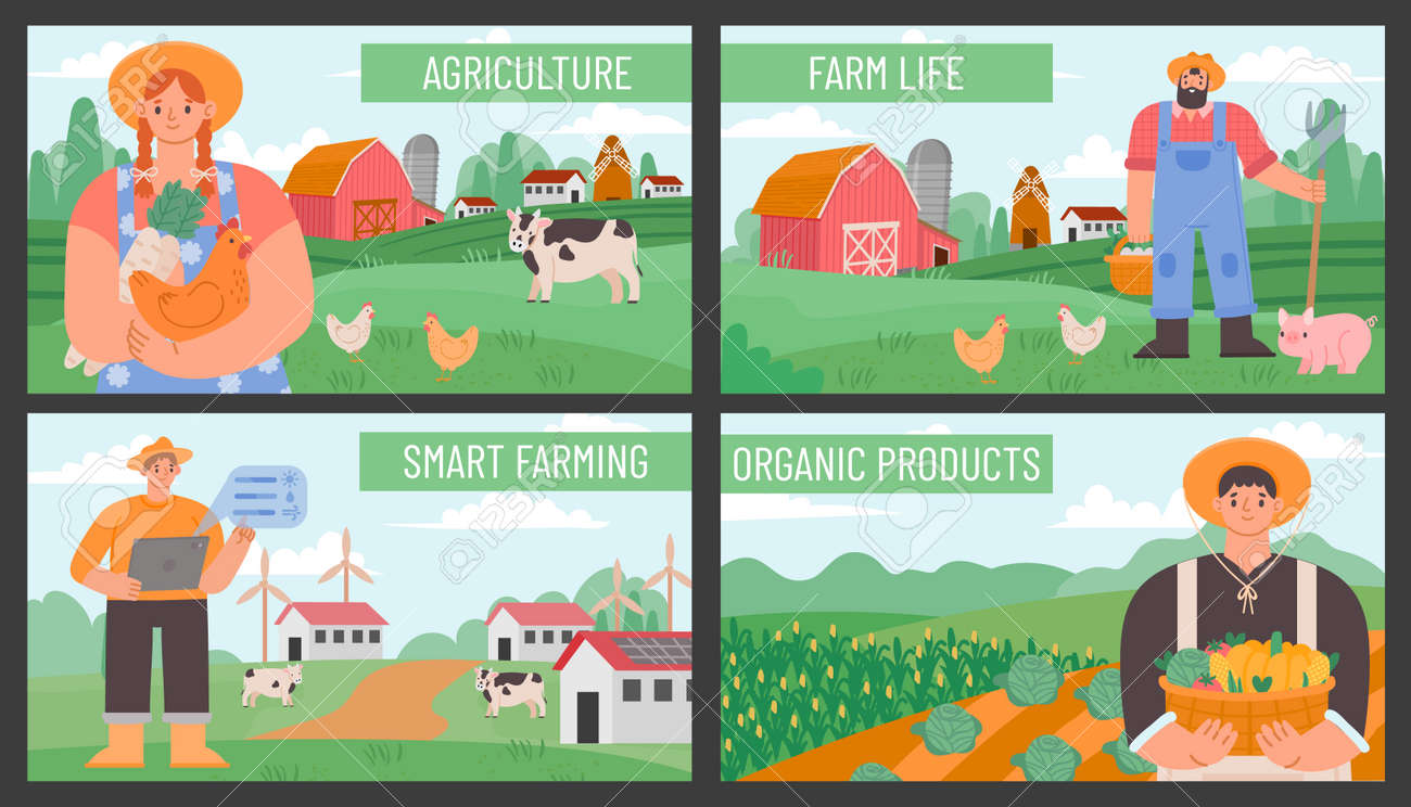 Farm banners. Posters with countryside agriculture landscape and farmers. Smart and eco farming technology. Organic farm products vector set - 171876774 Farm banners. Posters with countryside agriculture landscape and farmers. Smart and eco farming technology. Organic farm products vector set - 171876774