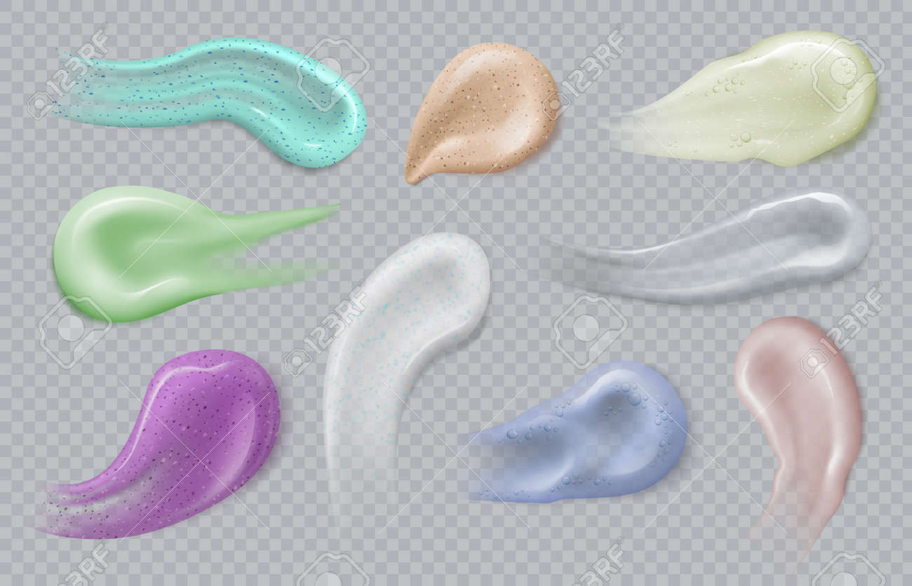 Gel smears. Cosmetic cream strokes, peeling scrub, mousse and lotion foam with bubbles. Realistic 3d skin care products swatches vector set - 171877398 Gel smears. Cosmetic cream strokes, peeling scrub, mousse and lotion foam with bubbles. Realistic 3d skin care products swatches vector set - 171877398