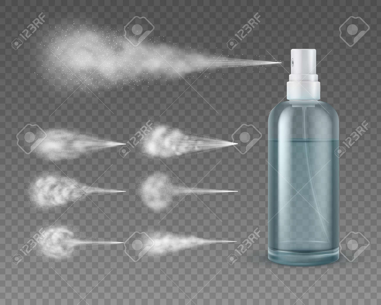 Realistic spray bottle with jet. Cosmetic plastic water aerosol spraying mist clouds. Deodorant or skincare product package 3d vector mockup - 171876978 Realistic spray bottle with jet. Cosmetic plastic water aerosol spraying mist clouds. Deodorant or skincare product package 3d vector mockup - 171876978
