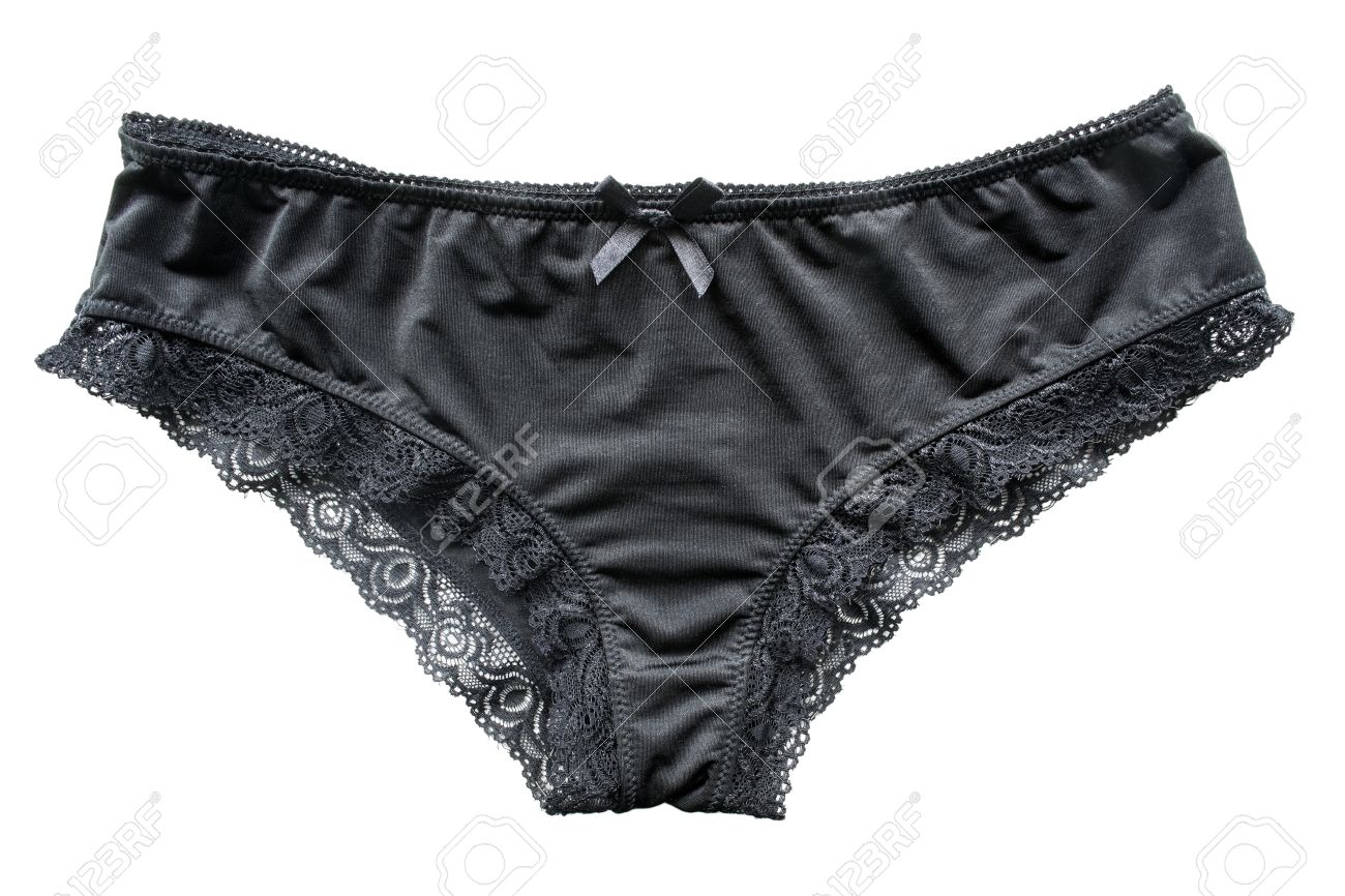 Black Satin Panties With Lace Isolated Over White Stock Photo