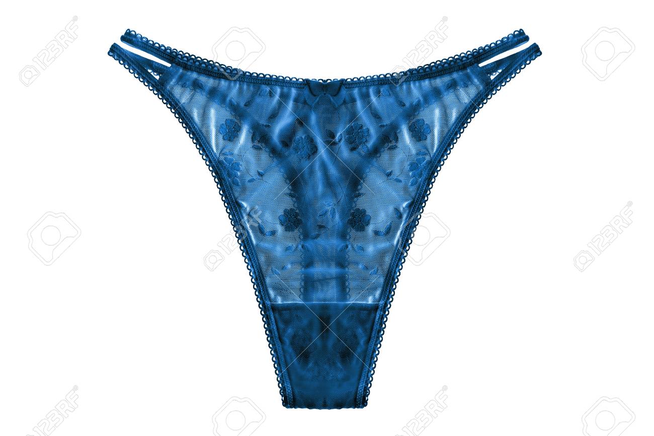 Blue lacy thongs panties on white background - 88897381.