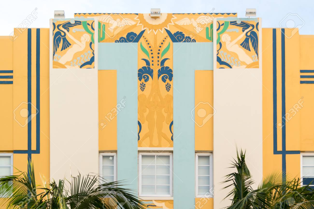 top facade of art deco building on ocean drive in south beach