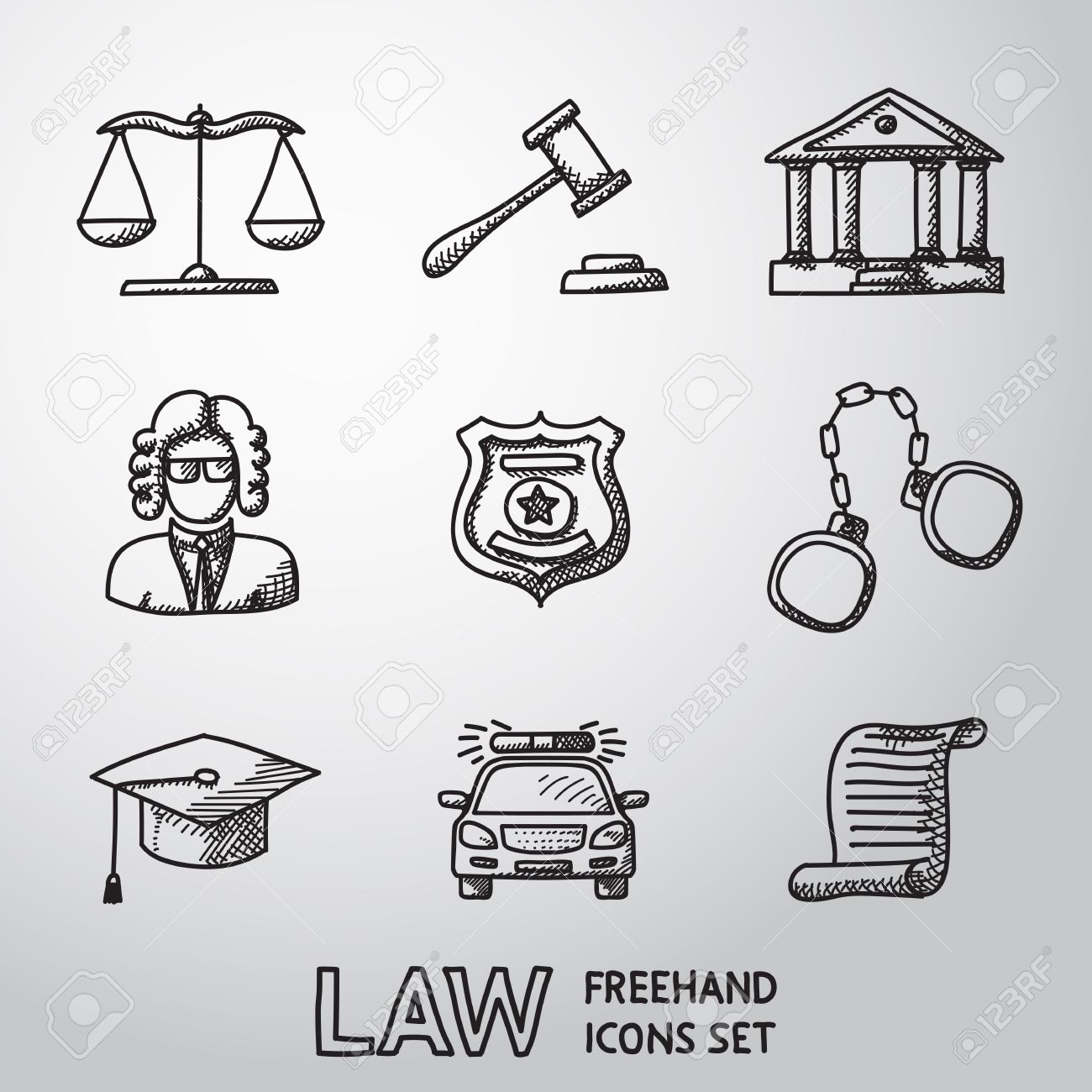 法律 正義のフリーハンドのアイコンをスケールとハンマー 裁判所 裁判官 警察バッジ 手錠 弁護士キャップ パトカー 文ドキュメントと設定 ベクトルのイラスト素材 ベクタ Image