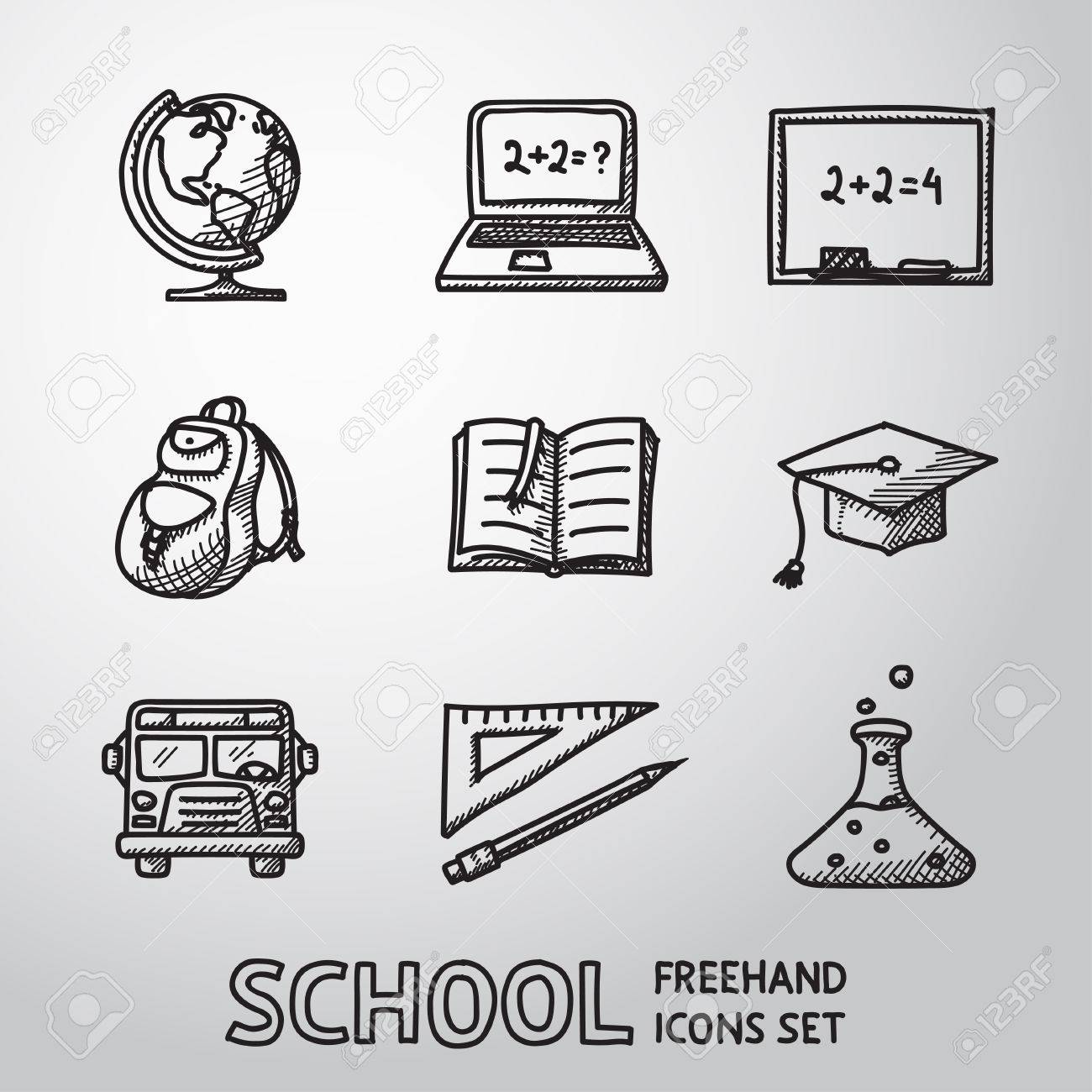 学校 教育手書きアイコン セット 世界とノート 黒板 バックパック 教科書 卒業の帽子 スクールバス 科学電球 ベクトル のイラスト素材 ベクタ Image