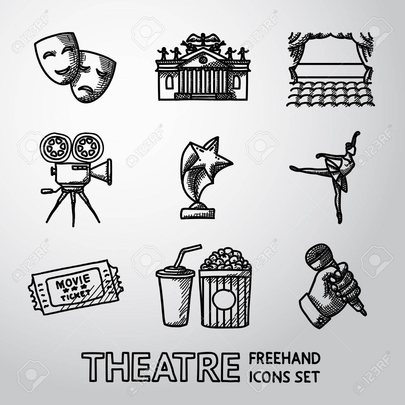 劇場のアイコン 設定マスクと劇場 舞台 映画 賞 バレエ チケット ポップコーンやコーラは マイクを使って手します のイラスト素材 ベクタ Image