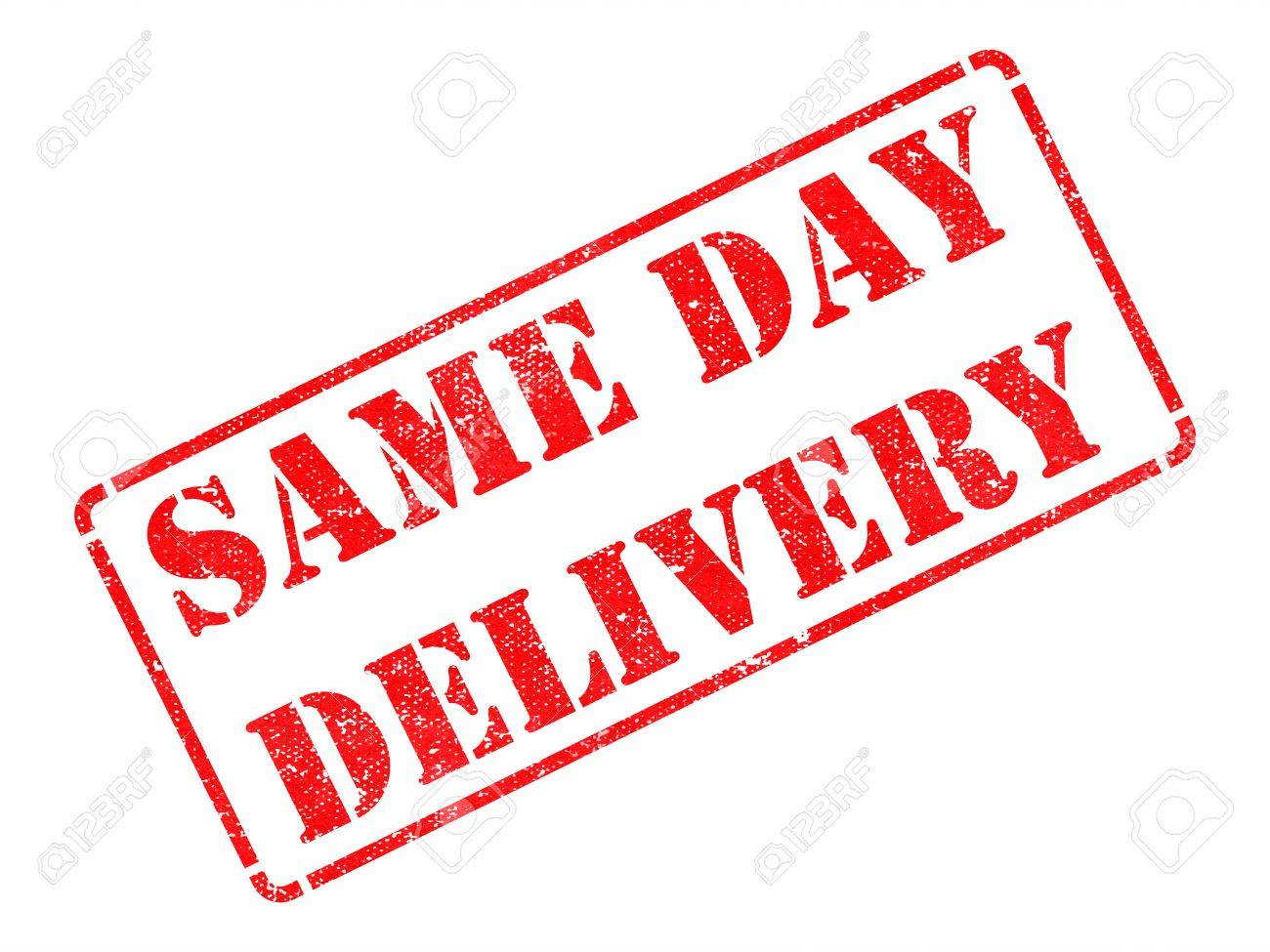 same day delivery on red rubber stamp isolated on white. stock