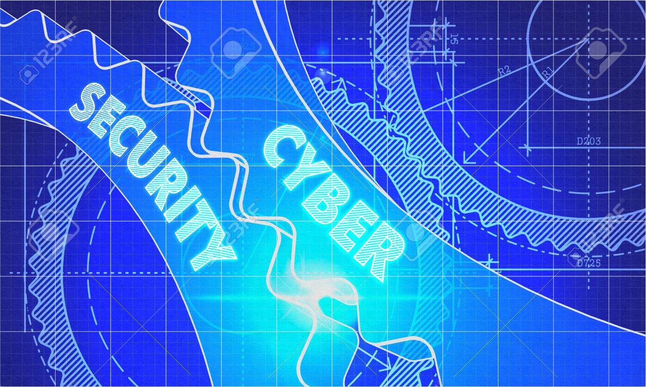 歯車機構のサイバー セキュリティ グロー効果と技術の青写真のイラスト 3 D のレンダリング の写真素材 画像素材 Image