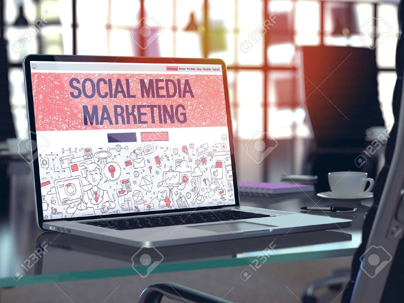 Modern Workplace with Laptop showing Landing Page in Doodle Design Style with text Social Media Marketing. Toned Image with Selective Focus. - 51625223 Modern Workplace with Laptop showing Landing Page in Doodle Design Style with text Social Media Marketing. Toned Image with Selective Focus. - 51625223