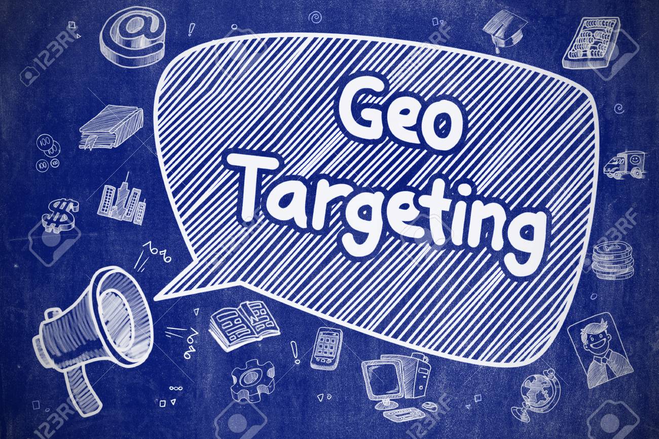 geo targeting hand drawn illustration on blue chalkboard stock