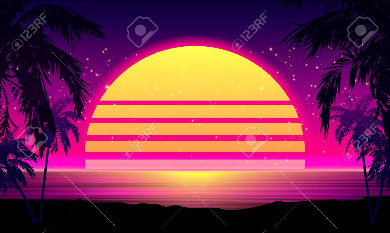 Puesta de sol tropical estilo retro de los años 80 con silueta de palmera y fondo de cielo degradado. diseño retro clásico de los años 80. superficie cibernética de paisaje retro digital. fondo de fiesta de los 80. ilustración vectorial de moda - 156970801 Puesta de sol tropical estilo retro de los años 80 con silueta de palmera y fondo de cielo degradado. diseño retro clásico de los años 80. superficie cibernética de paisaje retro digital. fondo de fiesta de los 80. ilustración vectorial de moda - 156970801