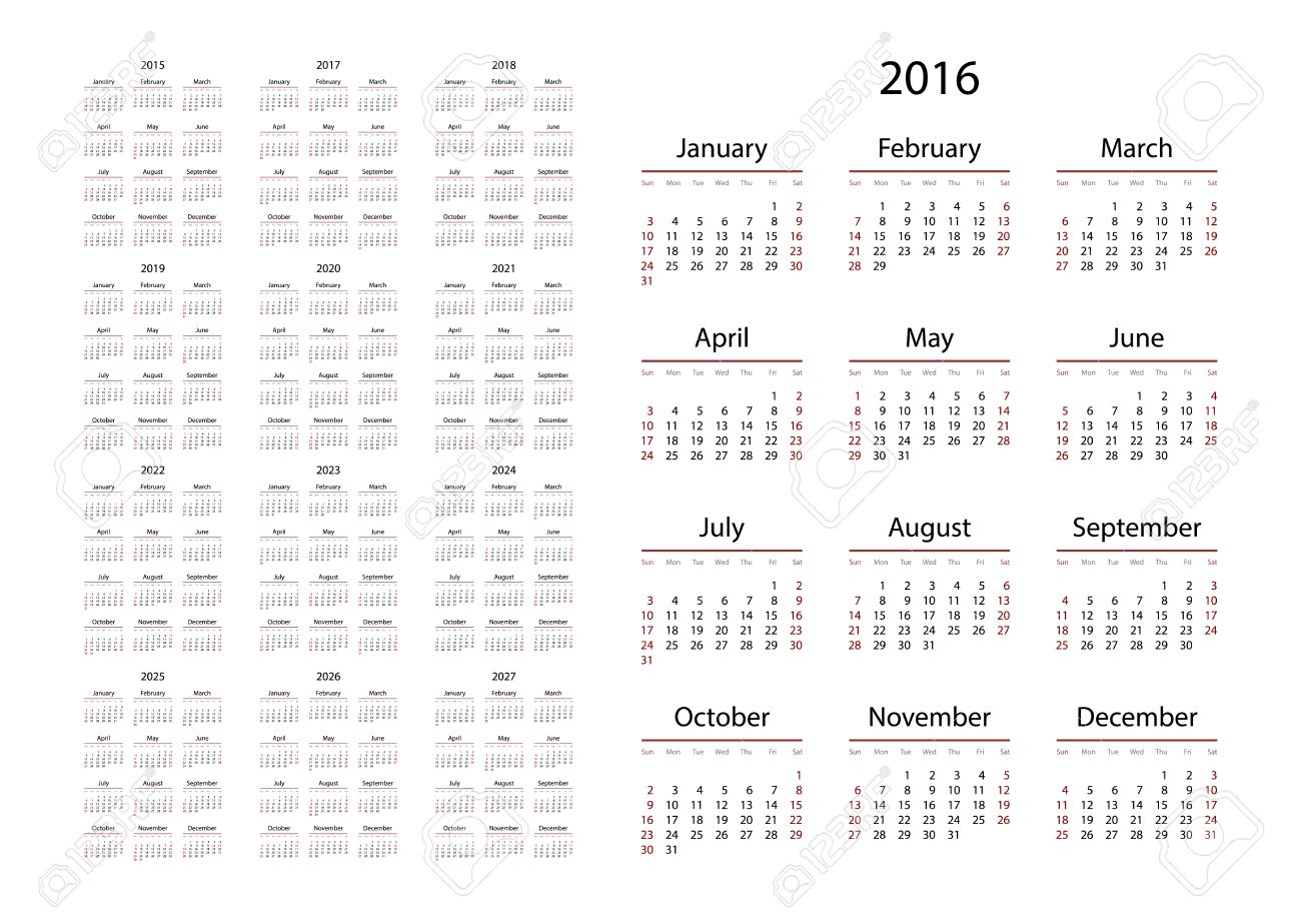 Calendrier 2015 2023 Calendar 2015, 2016, 2017, 2018, 2019, 2020, 2021, 2022, 2023, 2024, 2025,  2026, 2027 Year. Week Starts From Sunday. Vector Illustration. Royalty Free  Svg, Cliparts, Vectors, And Stock Illustration. Image 38150130.
