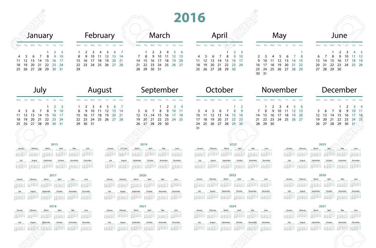 カレンダー 15 年 16 年 17 18 19 21 22 23 24 25 26 27 年 週は月曜日から始まります ベクトルの図 のイラスト素材 ベクタ Image