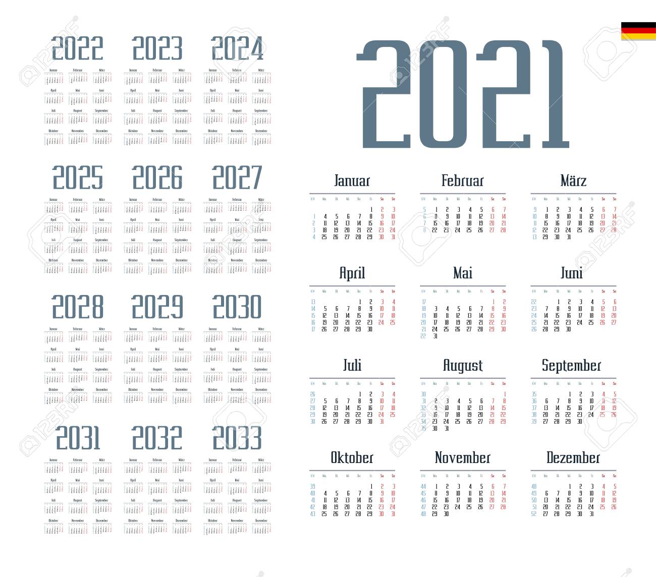 German Calendar For 2021 2033 Week Starts On Monday Lizenzfrei Nutzbare Vektorgrafiken Clip Arts Illustrationen Image 150977856
