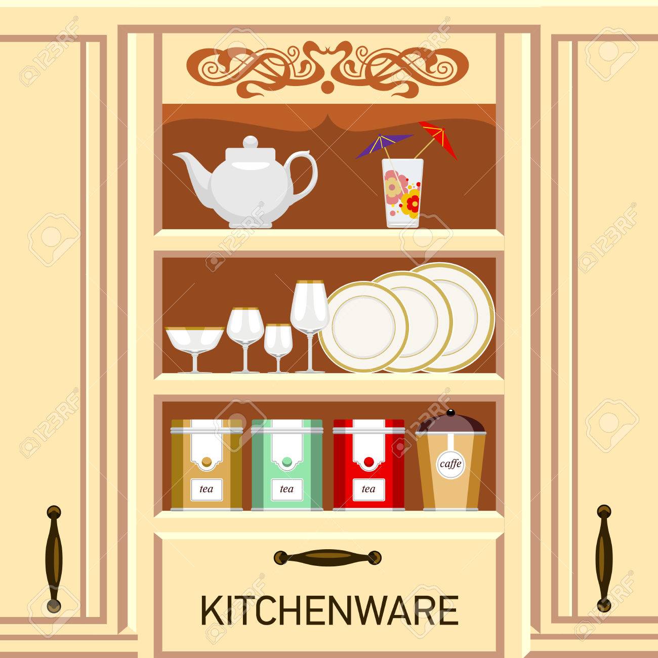 キッチンの棚 キッチンの食器棚 紅茶とコーヒーの缶 のイラスト素材 ベクタ Image