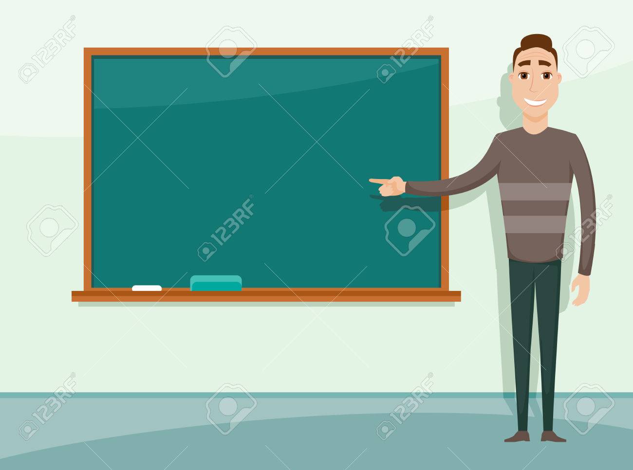 smiling teacher standing in front of blackboard teacher teaching
