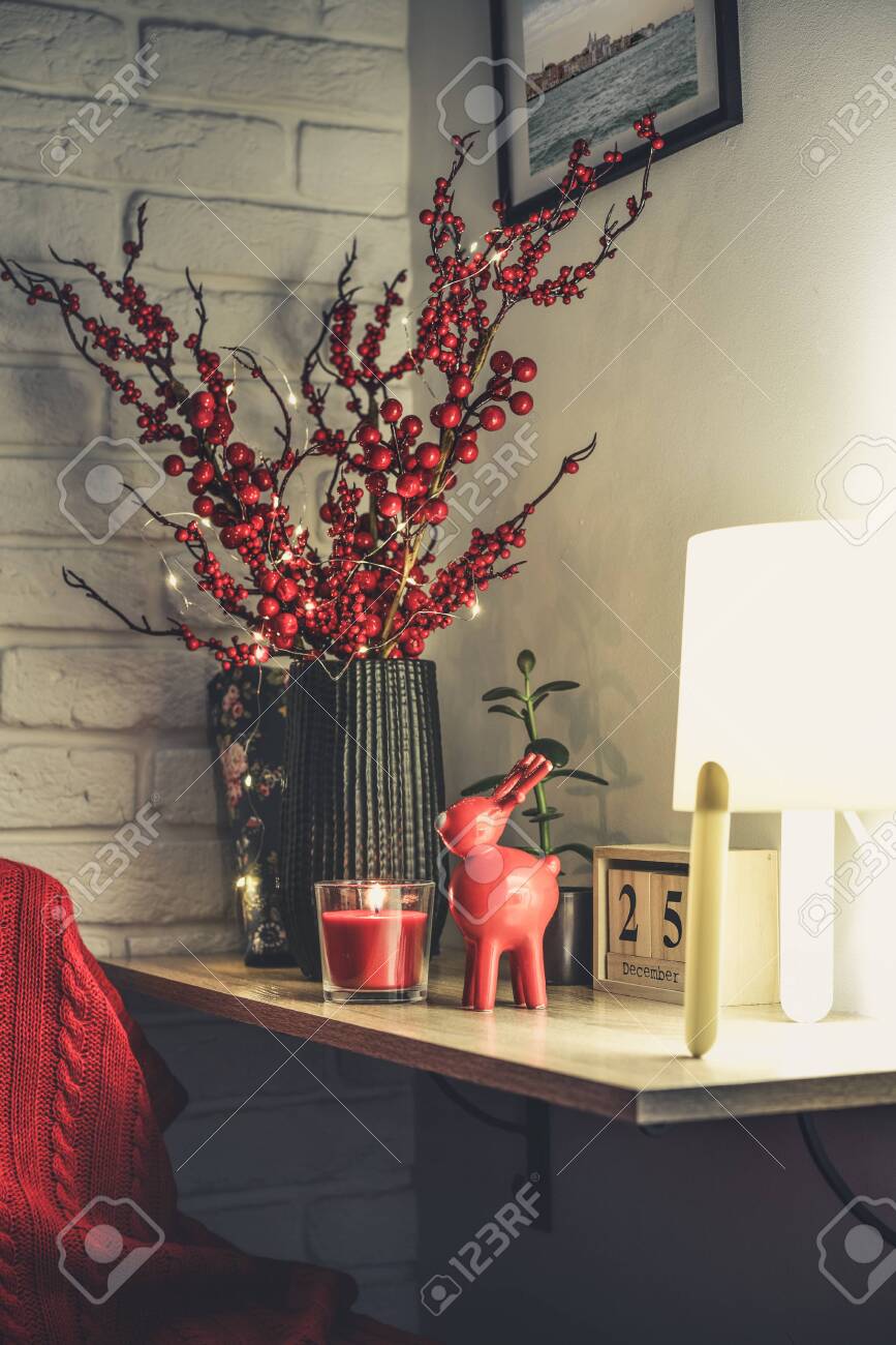 Christmas Decor At Home Red Toy Elk Candle And Vase With