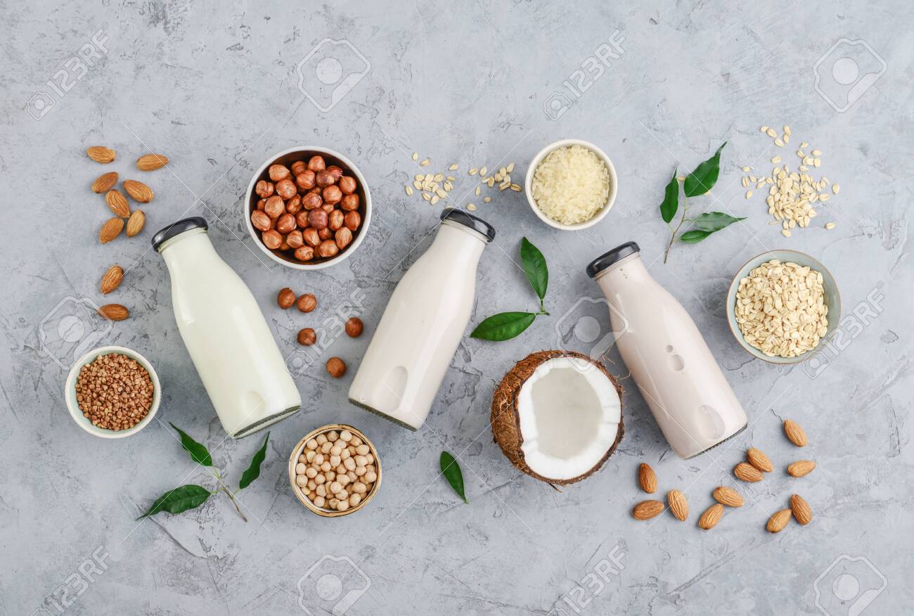 Assortment of ingredients for organic vegan non dairy milk in bowls and bottles with vegan milk on concrete a kitchen table, top view - 131415714 Assortment of ingredients for organic vegan non dairy milk in bowls and bottles with vegan milk on concrete a kitchen table, top view - 131415714