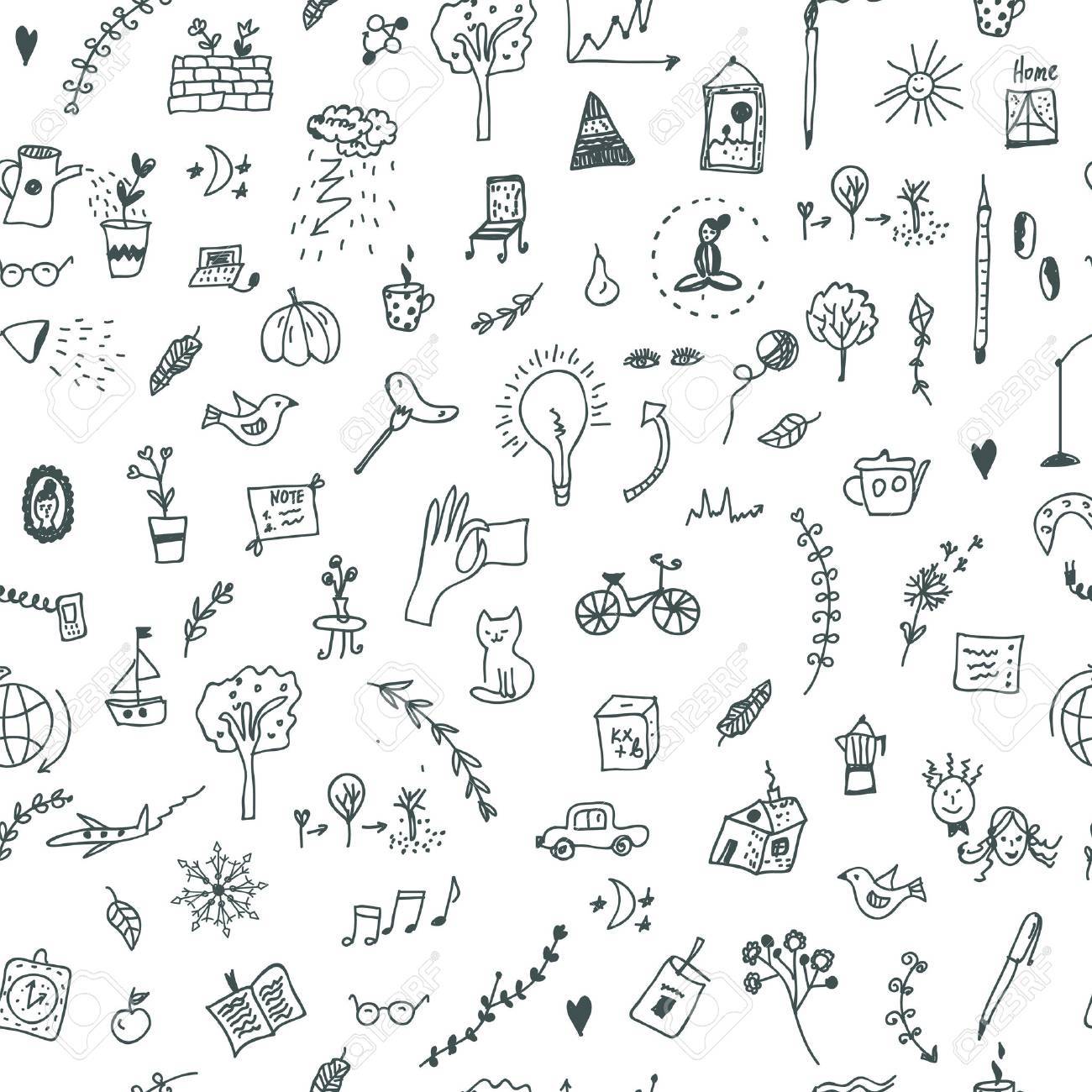 面白いデザイン 落書きイラストで創造的なシームレス パターン のイラスト素材 ベクタ Image