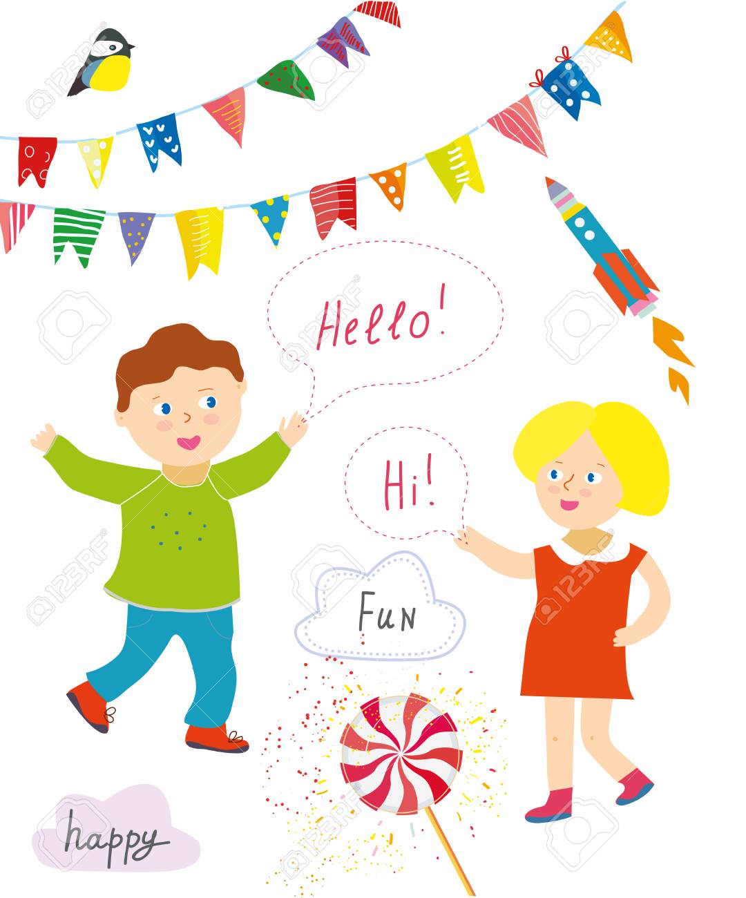 kids party or presentation collection with funny items bunting kids presentation